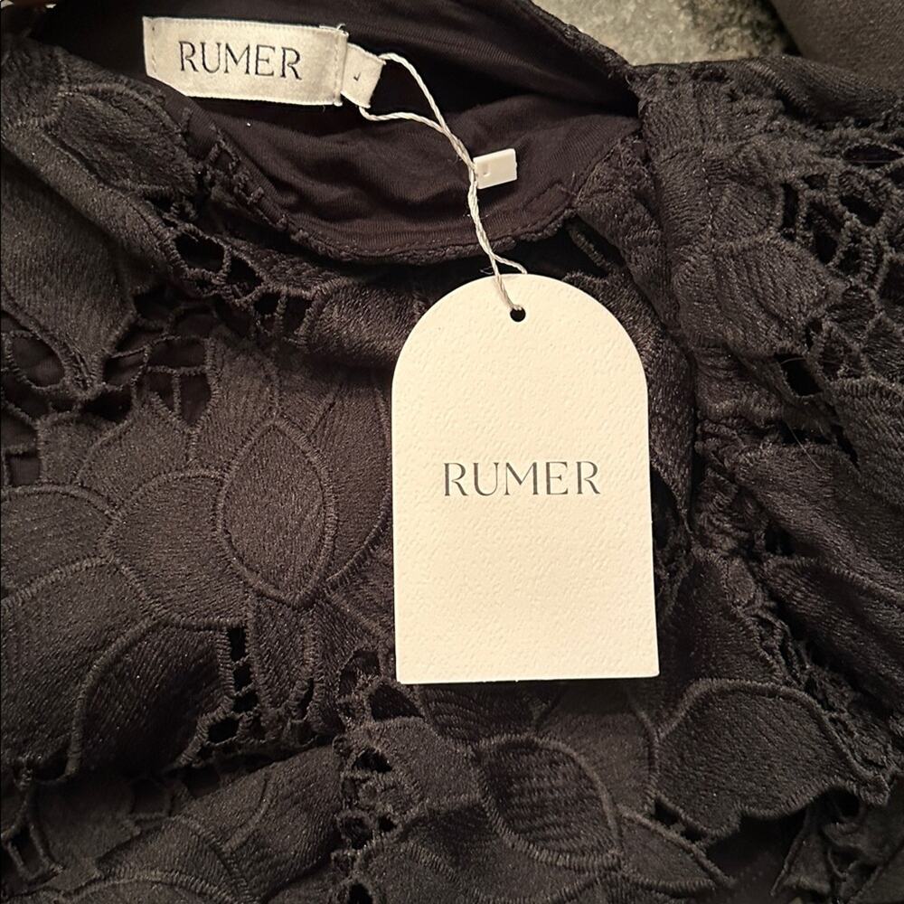 Rumer NWT Black Crochet Floral Lace Bell Sleeve Tropez Mini Dress Size Large - Picture 3 of 7